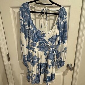 American Eagle Blue and White Floral Long Sleeve Wrap Dress